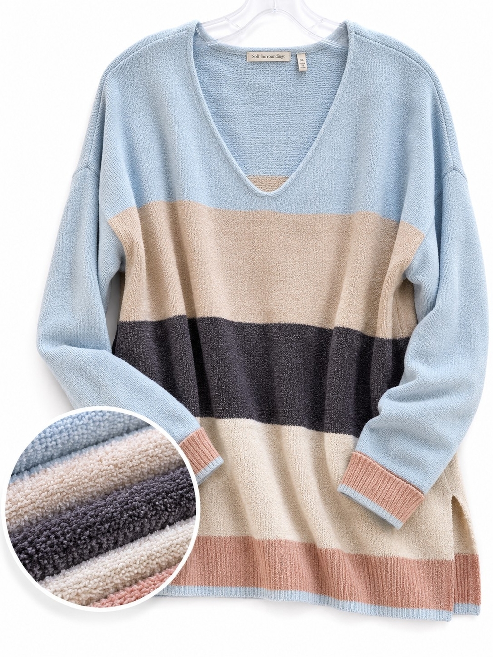 Soft Surroundings Colorblock Chenille Sweater – Women's V-Neck Tunic Long Sleeve